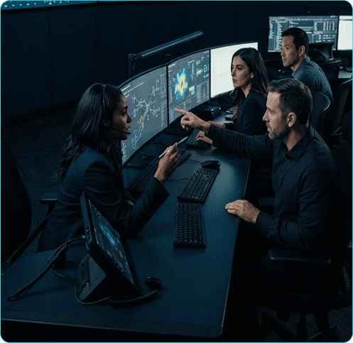 Command center operations team reviewing metrics