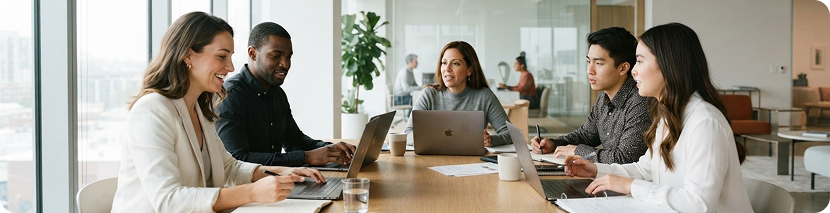 Team collaborating in a modern office evaluating industry sector context