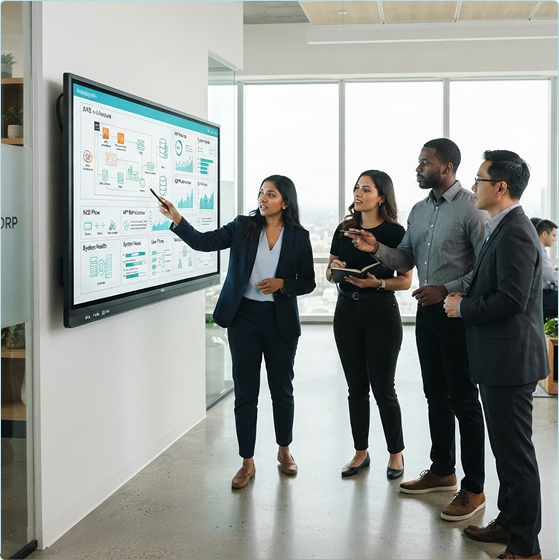 Team presenting operational needs on a digital interactive screen