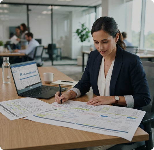 Professional reviewing route mapping and evaluation documents