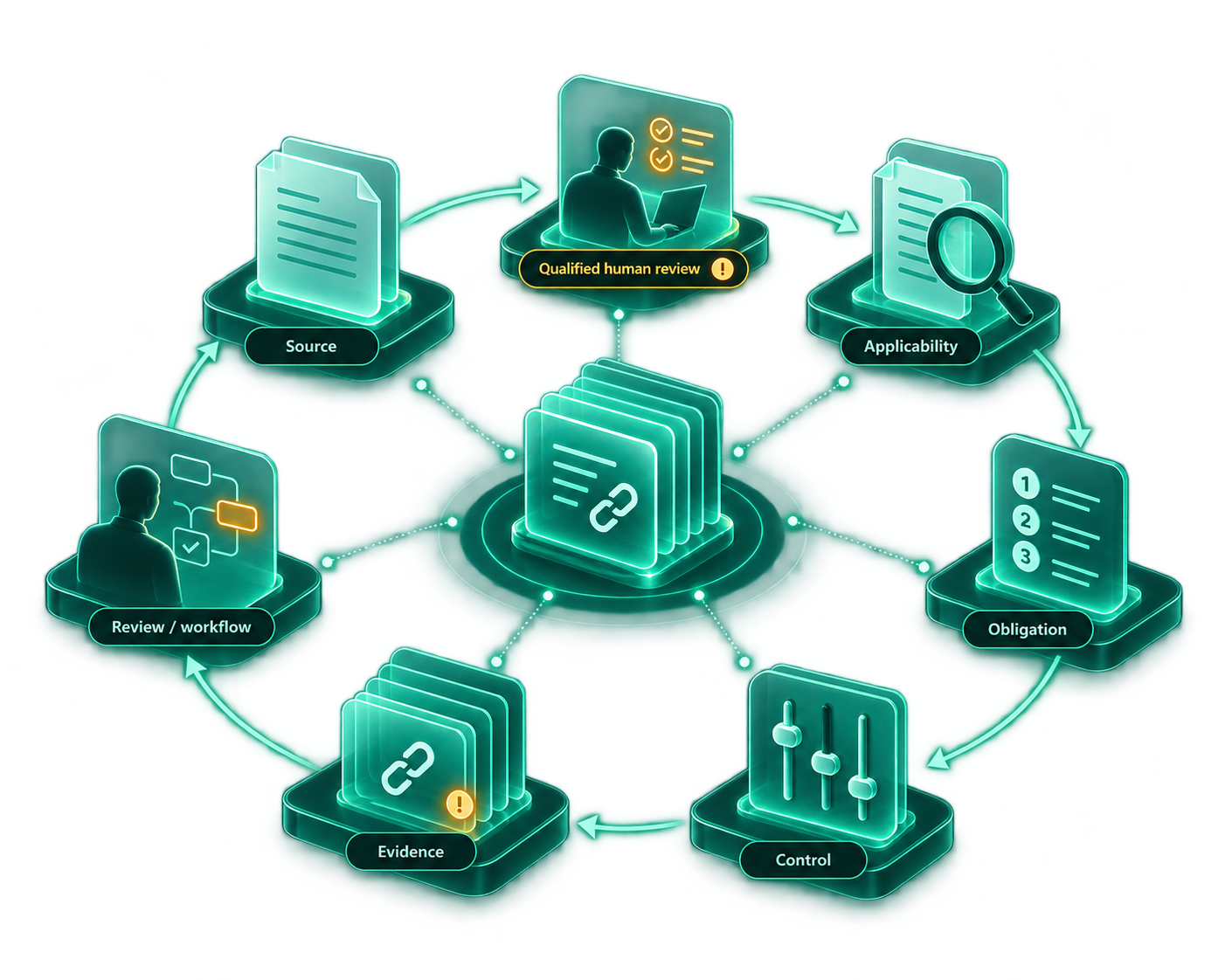 Governance, risk, and compliance workflow diagram: source, review workflow, evidence, control, obligation, applicability, and qualified human review nodes connected around a central hub