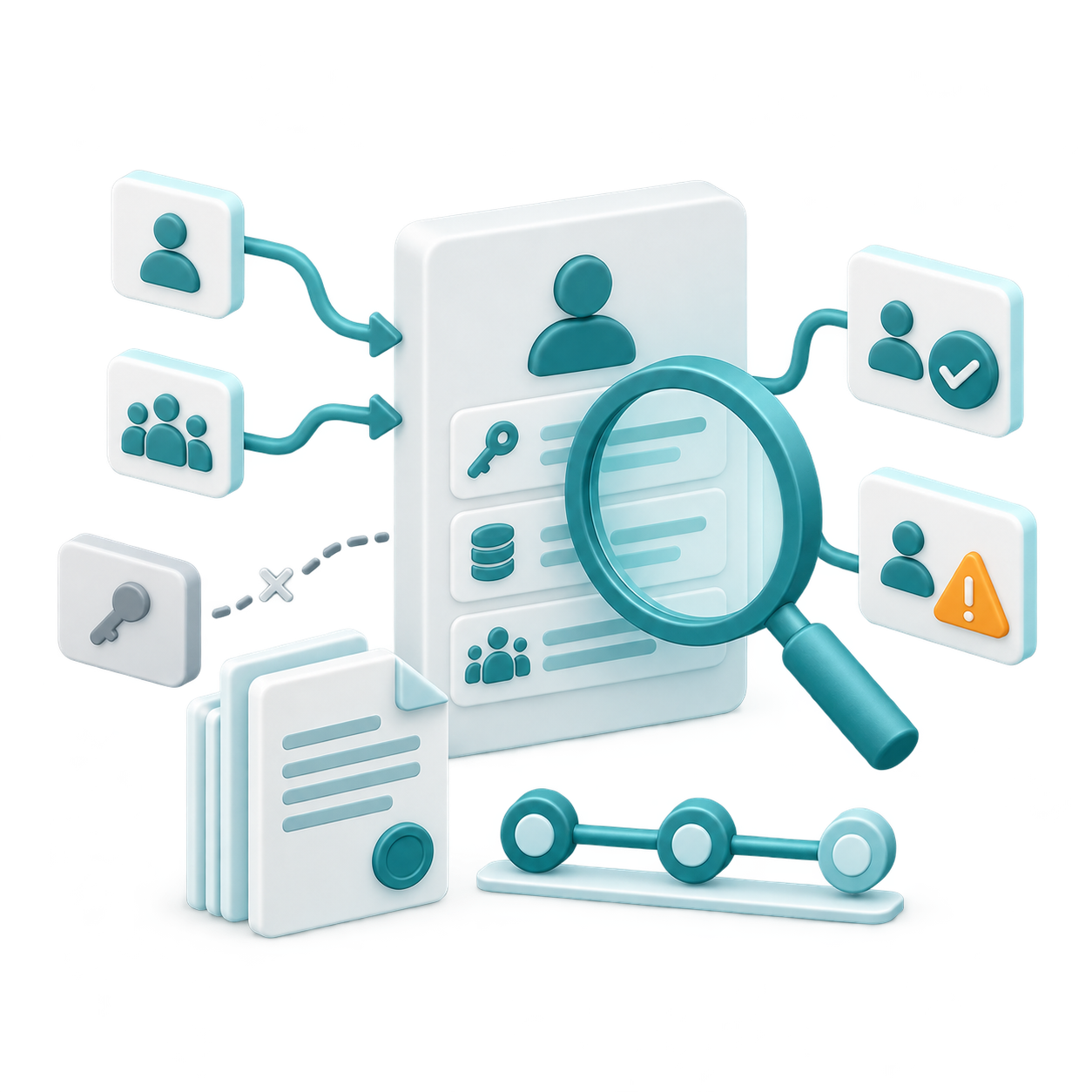 Illustration of identity access review: user icons, magnifying glass over a document stack, database, keys and a timeline